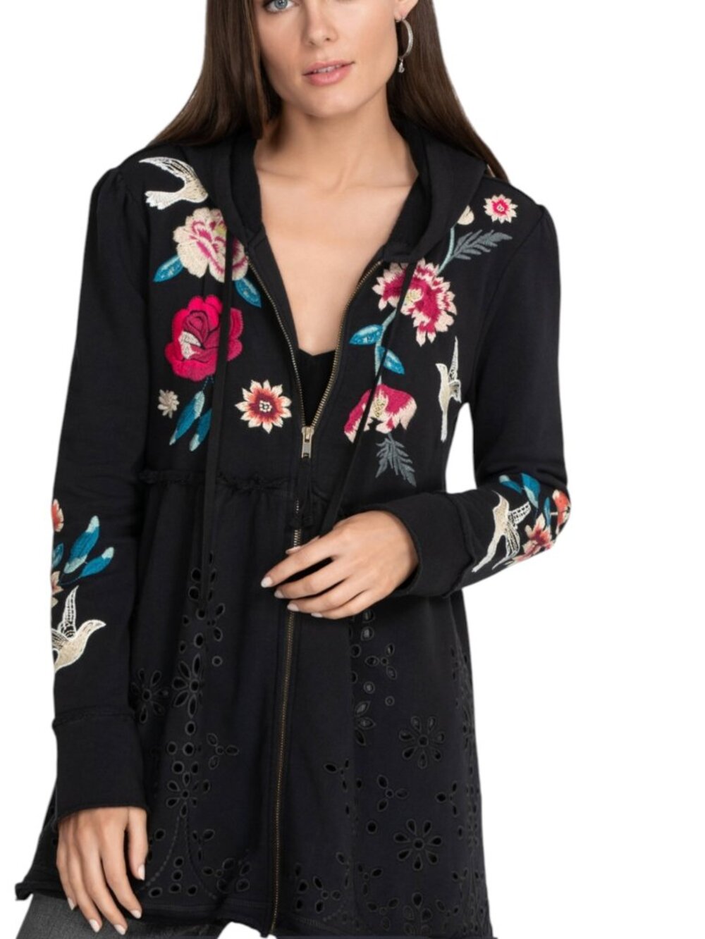 Johnny Was Junia Jacket Embroidered Eyelet Zip Front Hooded Black S